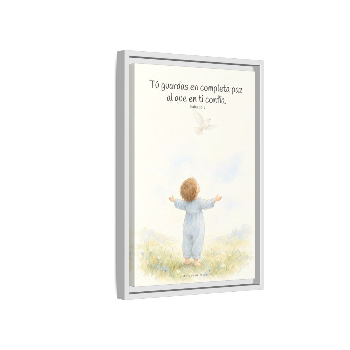 Tú guardas en paz al que confía en ti — Lienzo Cristiano Enmarcado | Isaías 26:3 — 12×18 pulgadas, marco blanco, vista lateral del marco flotante