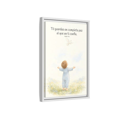 Tú guardas en paz al que confía en ti — Lienzo Cristiano Enmarcado | Isaías 26:3 — 12×18 pulgadas, marco blanco, vista lateral del marco flotante