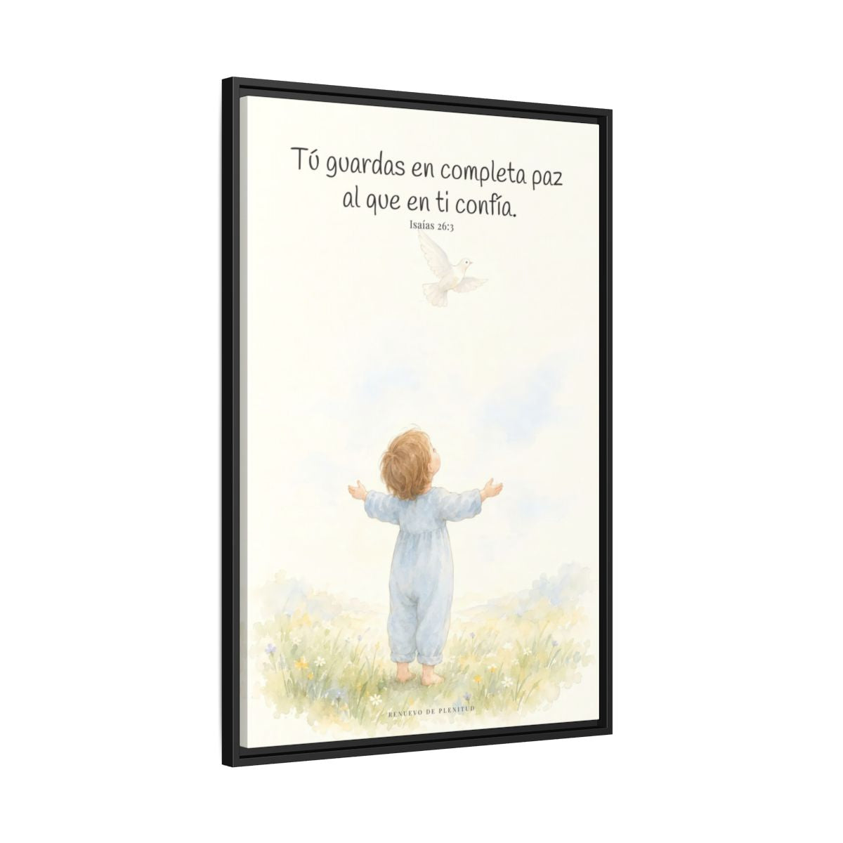 Tú guardas en paz al que confía en ti — Lienzo Cristiano Enmarcado | Isaías 26:3 — 24×36 pulgadas, marco negro, vista lateral del marco flotante
