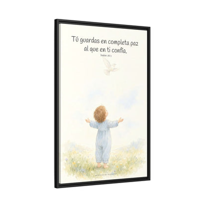 Tú guardas en paz al que confía en ti — Lienzo Cristiano Enmarcado | Isaías 26:3 — 24×36 pulgadas, marco negro, vista lateral del marco flotante