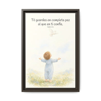 Tú guardas en paz al que confía en ti — Lienzo Cristiano Enmarcado | Isaías 26:3 — 12×18 pulgadas, marco espresso, vista frontal