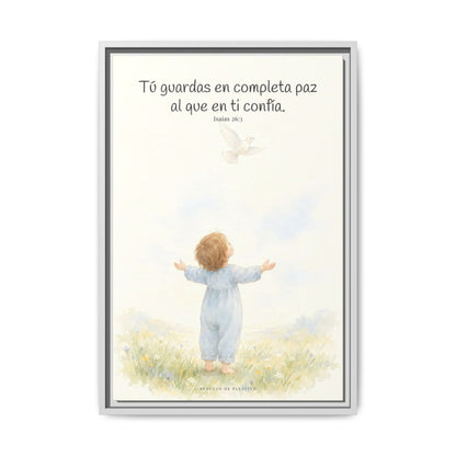 Tú guardas en paz al que confía en ti — Lienzo Cristiano Enmarcado | Isaías 26:3 — 16×24 pulgadas, marco blanco, vista frontal