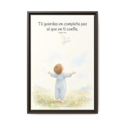 Tú guardas en paz al que confía en ti — Lienzo Cristiano Enmarcado | Isaías 26:3 — 16×24 pulgadas, marco espresso, vista frontal