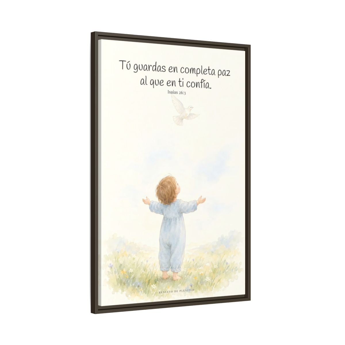 Tú guardas en paz al que confía en ti — Lienzo Cristiano Enmarcado | Isaías 26:3 — 24×36 pulgadas, marco espresso, vista lateral del marco flotante