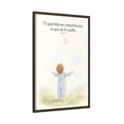 Tú guardas en paz al que confía en ti — Lienzo Cristiano Enmarcado | Isaías 26:3 — 24×36 pulgadas, marco espresso, vista lateral del marco flotante