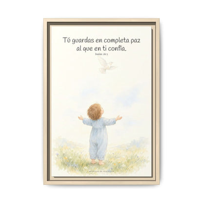 Tú guardas en paz al que confía en ti — Lienzo Cristiano Enmarcado | Isaías 26:3 — 12×18 pulgadas, marco natural, vista frontal