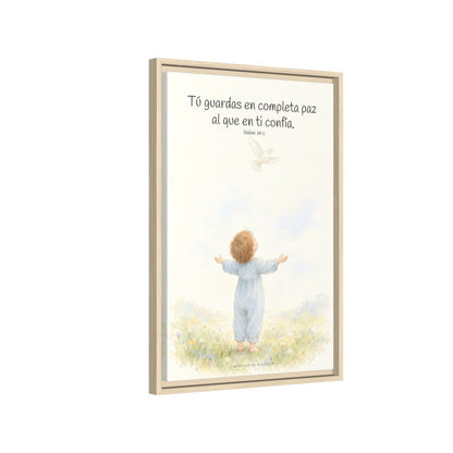 Tú guardas en paz al que confía en ti — Lienzo Cristiano Enmarcado | Isaías 26:3 — 16×24 pulgadas, marco natural, vista lateral del marco flotante
