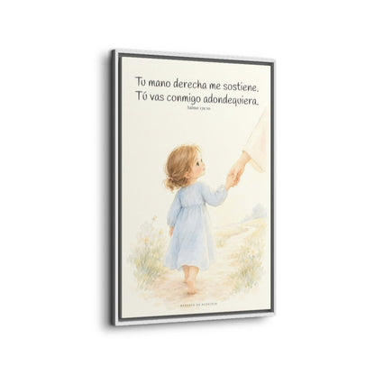 Tu mano me guía por el camino | Lienzo cristiano decorativo | Salmo 139:10 — 24×36 pulgadas, marco blanco, vista lateral del marco flotante