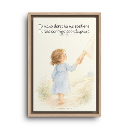 Tu mano me guía por el camino | Lienzo cristiano decorativo | Salmo 139:10 — 12×18 pulgadas, marco natural, vista frontal