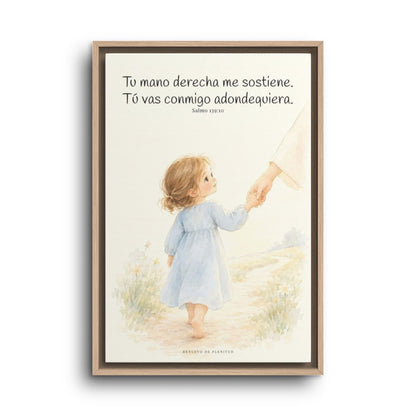 Tu mano me guía por el camino | Lienzo cristiano decorativo | Salmo 139:10 — 16×24 pulgadas, marco natural, vista frontal