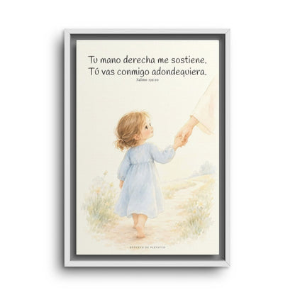 Tu mano me guía por el camino | Lienzo cristiano decorativo | Salmo 139:10 — 12×18 pulgadas, marco blanco, vista frontal