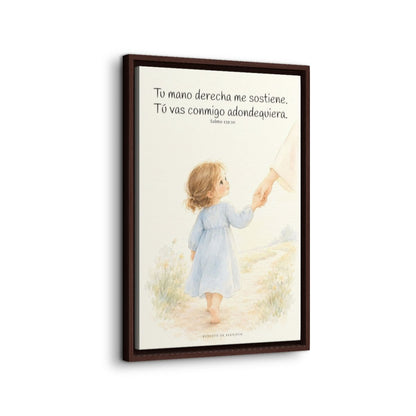 Tu mano me guía por el camino | Lienzo cristiano decorativo | Salmo 139:10 — 16×24 pulgadas, marco espresso, vista lateral del marco flotante