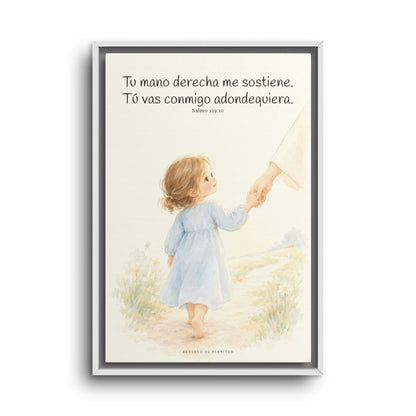 Tu mano me guía por el camino | Lienzo cristiano decorativo | Salmo 139:10 — 16×24 pulgadas, marco blanco, vista frontal