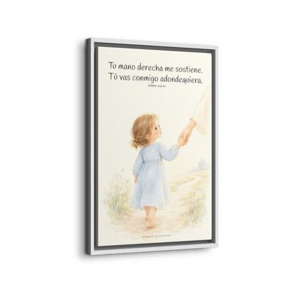 Tu mano me guía por el camino | Lienzo cristiano decorativo | Salmo 139:10 — 16×24 pulgadas, marco blanco, vista lateral del marco flotante