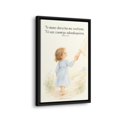 Tu mano me guía por el camino | Lienzo cristiano decorativo | Salmo 139:10 — 16×24 pulgadas, marco negro, vista lateral del marco flotante
