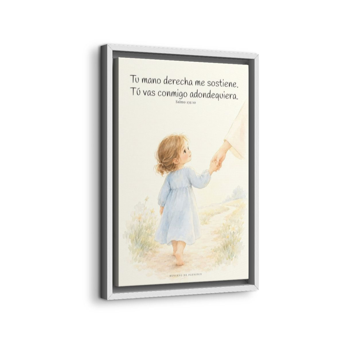 Tu mano me guía por el camino | Lienzo cristiano decorativo | Salmo 139:10 — 12×18 pulgadas, marco blanco, vista lateral del marco flotante