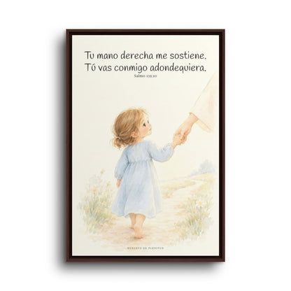 Tu mano me guía por el camino | Lienzo cristiano decorativo | Salmo 139:10 — 24×36 pulgadas, marco espresso, vista frontal