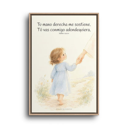 Tu mano me guía por el camino | Lienzo cristiano decorativo | Salmo 139:10 — 24×36 pulgadas, marco natural, vista frontal
