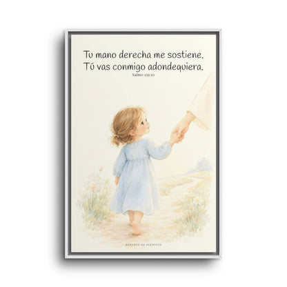 Tu mano me guía por el camino | Lienzo cristiano decorativo | Salmo 139:10 — 24×36 pulgadas, marco blanco, vista frontal