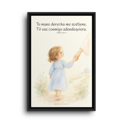 Tu mano me guía por el camino | Lienzo cristiano decorativo | Salmo 139:10 — 16×24 pulgadas, marco negro, vista frontal