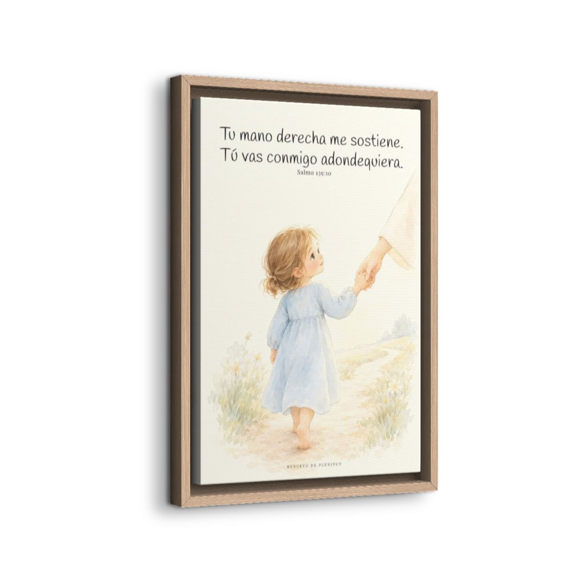 Tu mano me guía por el camino | Lienzo cristiano decorativo | Salmo 139:10 — 12×18 pulgadas, marco natural, vista lateral del marco flotante