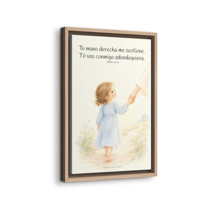 Tu mano me guía por el camino | Lienzo cristiano decorativo | Salmo 139:10 — 12×18 pulgadas, marco natural, vista lateral del marco flotante