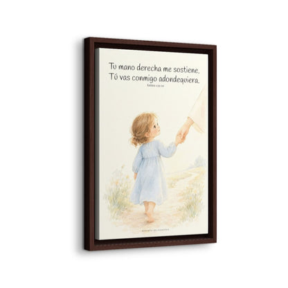 Tu mano me guía por el camino | Lienzo cristiano decorativo | Salmo 139:10 — 12×18 pulgadas, marco espresso, vista lateral del marco flotante