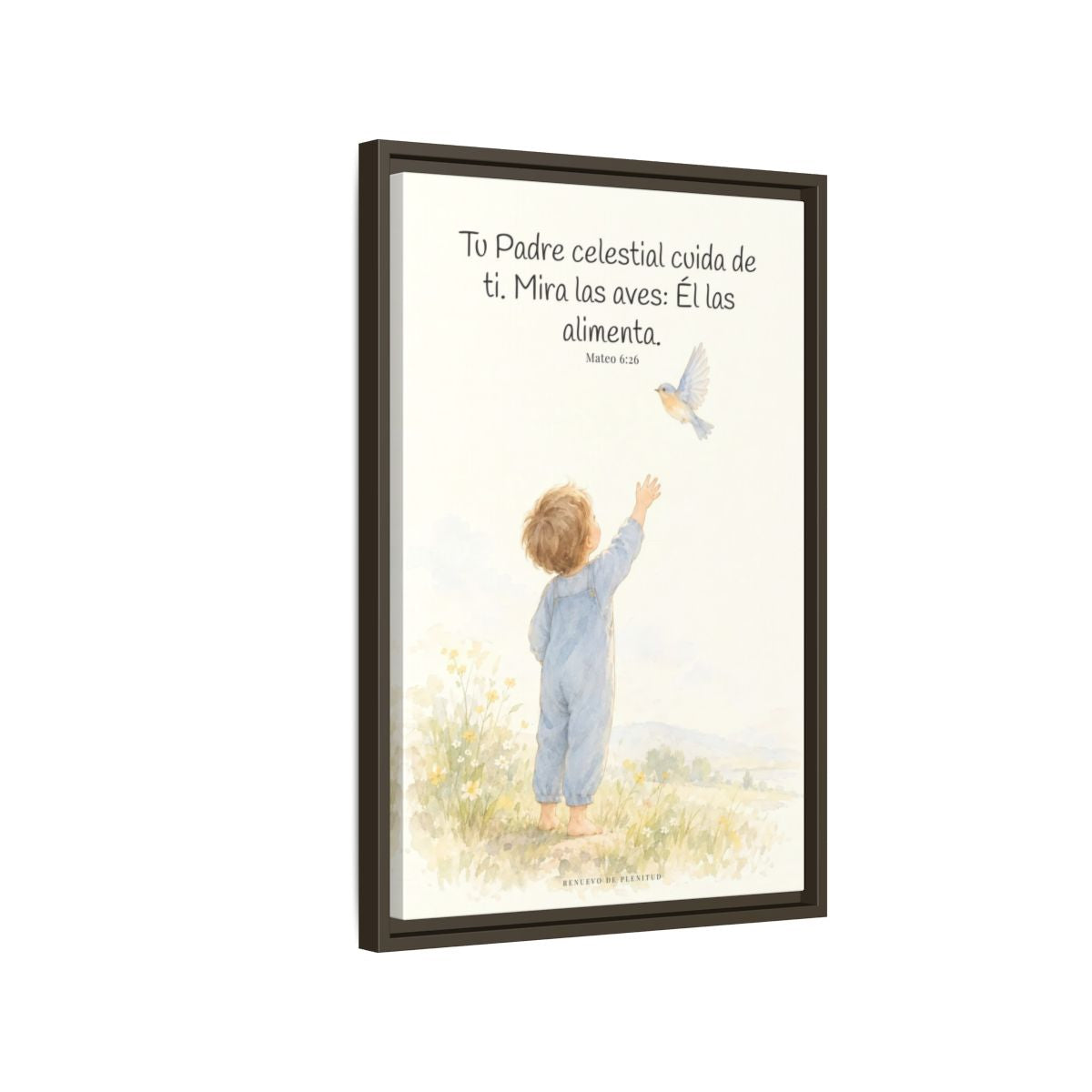 Tu Padre celestial cuida de mí — Lienzo Cristiano Enmarcado | Mateo 6:26 — 16×24 pulgadas, marco espresso, vista lateral del marco flotante