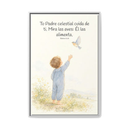 Tu Padre celestial cuida de mí — Lienzo Cristiano Enmarcado | Mateo 6:26 — 24×36 pulgadas, marco blanco, vista frontal