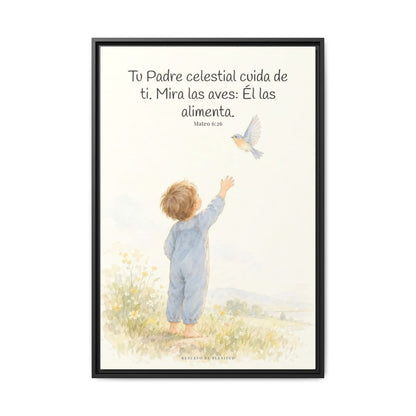 Tu Padre celestial cuida de mí — Lienzo Cristiano Enmarcado | Mateo 6:26 — 24×36 pulgadas, marco negro, vista frontal