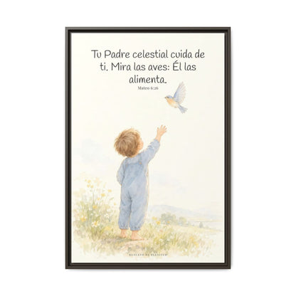Tu Padre celestial cuida de mí — Lienzo Cristiano Enmarcado | Mateo 6:26 — 24×36 pulgadas, marco espresso, vista frontal