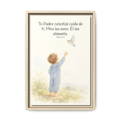 Tu Padre celestial cuida de mí — Lienzo Cristiano Enmarcado | Mateo 6:26 — 12×18 pulgadas, marco natural, vista frontal