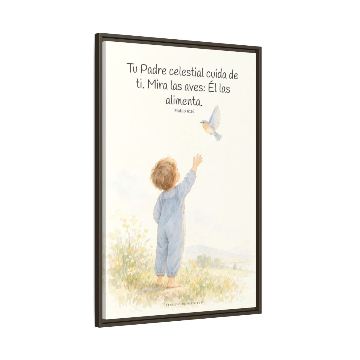 Tu Padre celestial cuida de mí — Lienzo Cristiano Enmarcado | Mateo 6:26 — 24×36 pulgadas, marco espresso, vista lateral del marco flotante