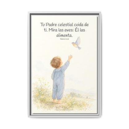 Tu Padre celestial cuida de mí — Lienzo Cristiano Enmarcado | Mateo 6:26 — 16×24 pulgadas, marco blanco, vista frontal