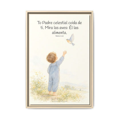 Tu Padre celestial cuida de mí — Lienzo Cristiano Enmarcado | Mateo 6:26 — 16×24 pulgadas, marco natural, vista frontal