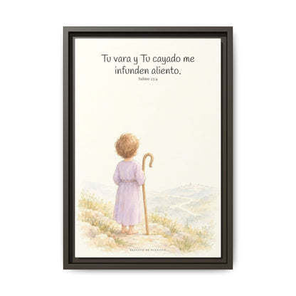 Tu vara y Tu cayado me infunden aliento — Lienzo Cristiano Enmarcado | Salmo 23:4 — 12×18 pulgadas, marco espresso, vista frontal