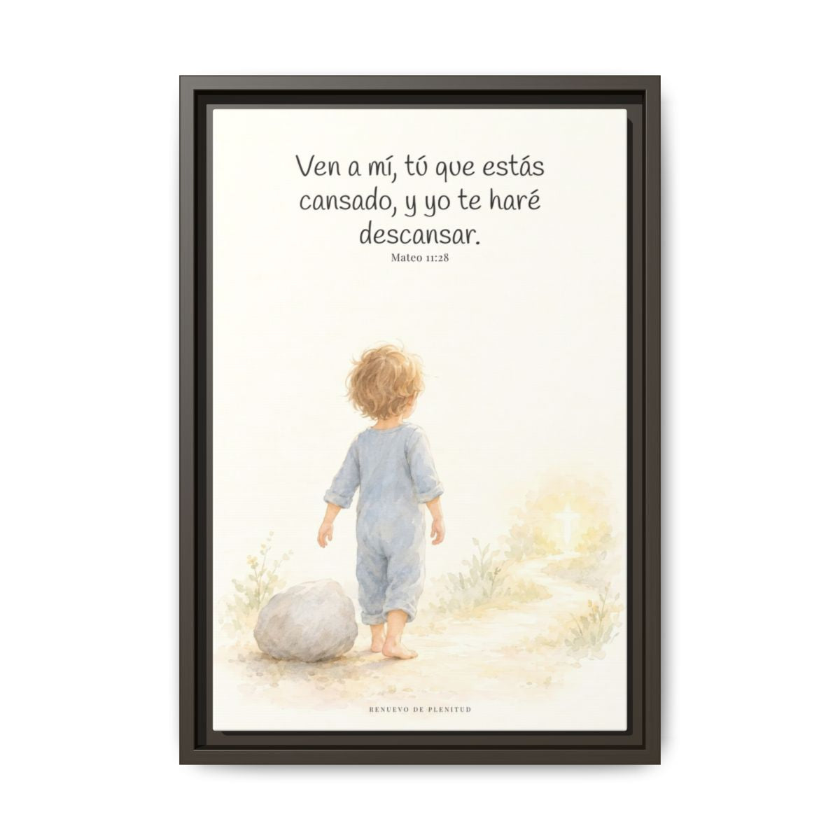 Ven a mí y yo te haré descansar — Lienzo Cristiano Enmarcado | Mateo 11:28 — 12×18 pulgadas, marco espresso, vista frontal