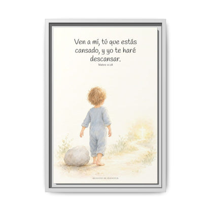 Ven a mí y yo te haré descansar — Lienzo Cristiano Enmarcado | Mateo 11:28 — 12×18 pulgadas, marco blanco, vista frontal
