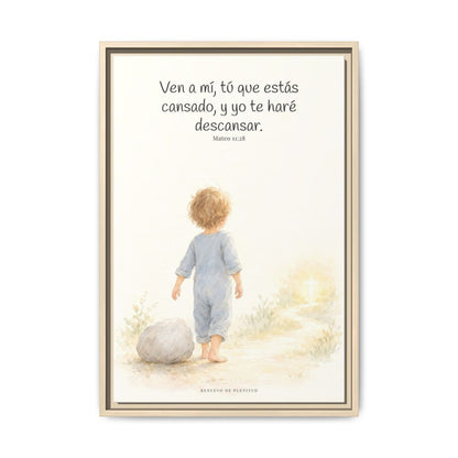 Ven a mí y yo te haré descansar — Lienzo Cristiano Enmarcado | Mateo 11:28 — 16×24 pulgadas, marco natural, vista frontal
