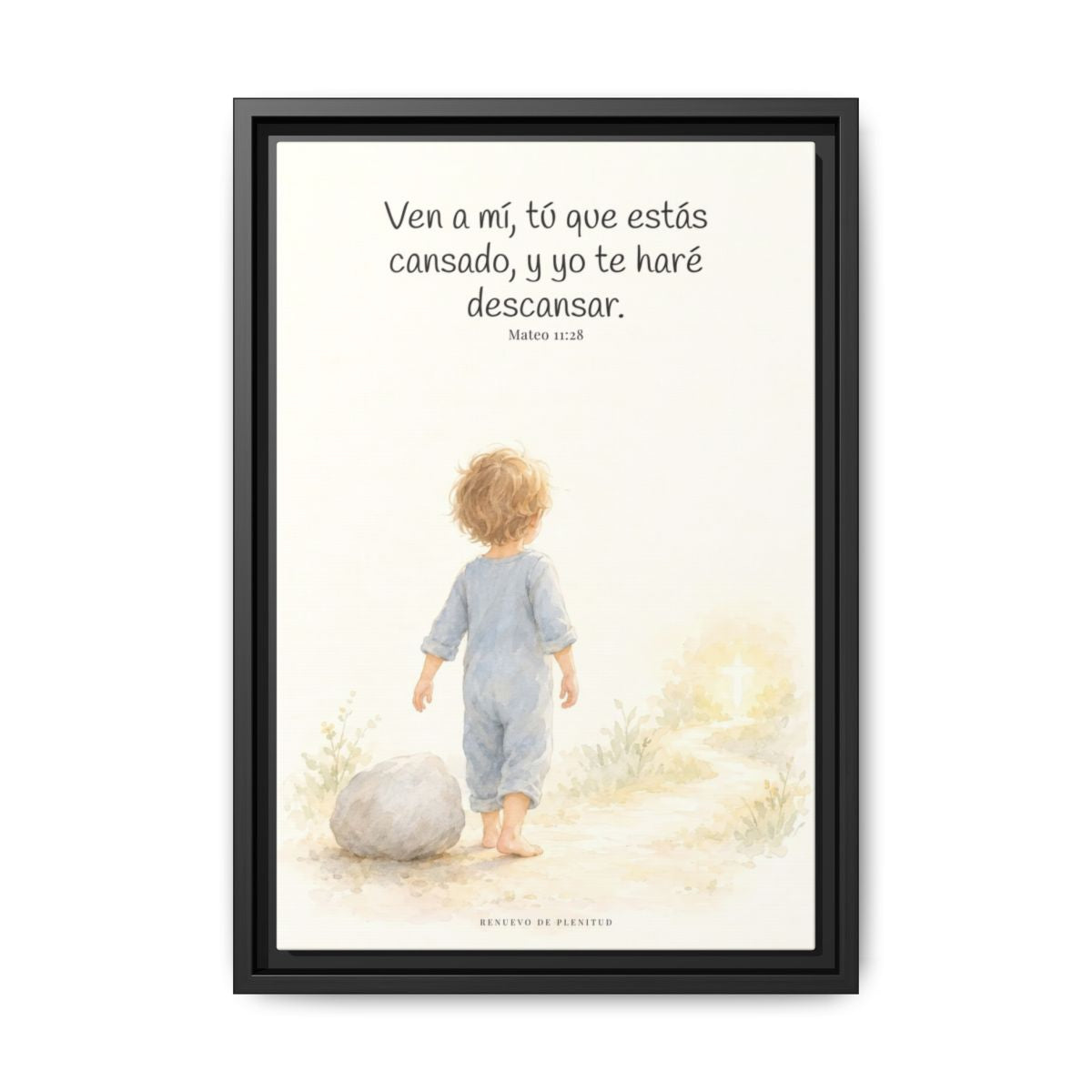 Ven a mí y yo te haré descansar — Lienzo Cristiano Enmarcado | Mateo 11:28 — 12×18 pulgadas, marco negro, vista frontal