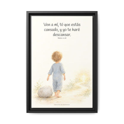 Ven a mí y yo te haré descansar — Lienzo Cristiano Enmarcado | Mateo 11:28 — 12×18 pulgadas, marco negro, vista frontal
