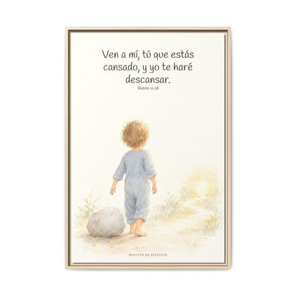 Ven a mí y yo te haré descansar — Lienzo Cristiano Enmarcado | Mateo 11:28 — 24×36 pulgadas, marco natural, vista frontal