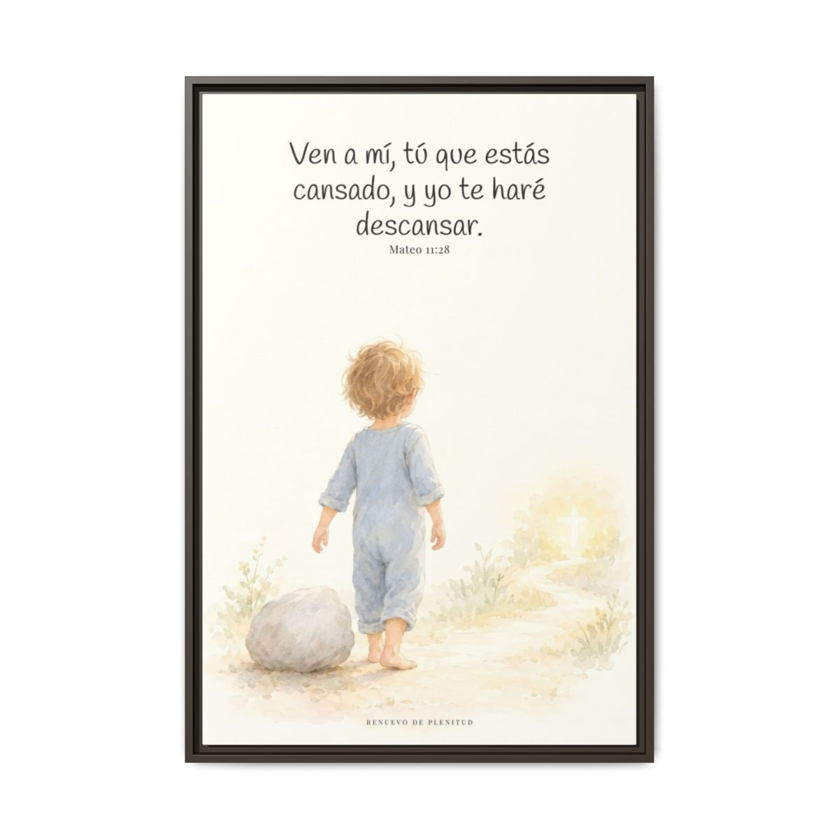 Ven a mí y yo te haré descansar — Lienzo Cristiano Enmarcado | Mateo 11:28 — 24×36 pulgadas, marco espresso, vista frontal