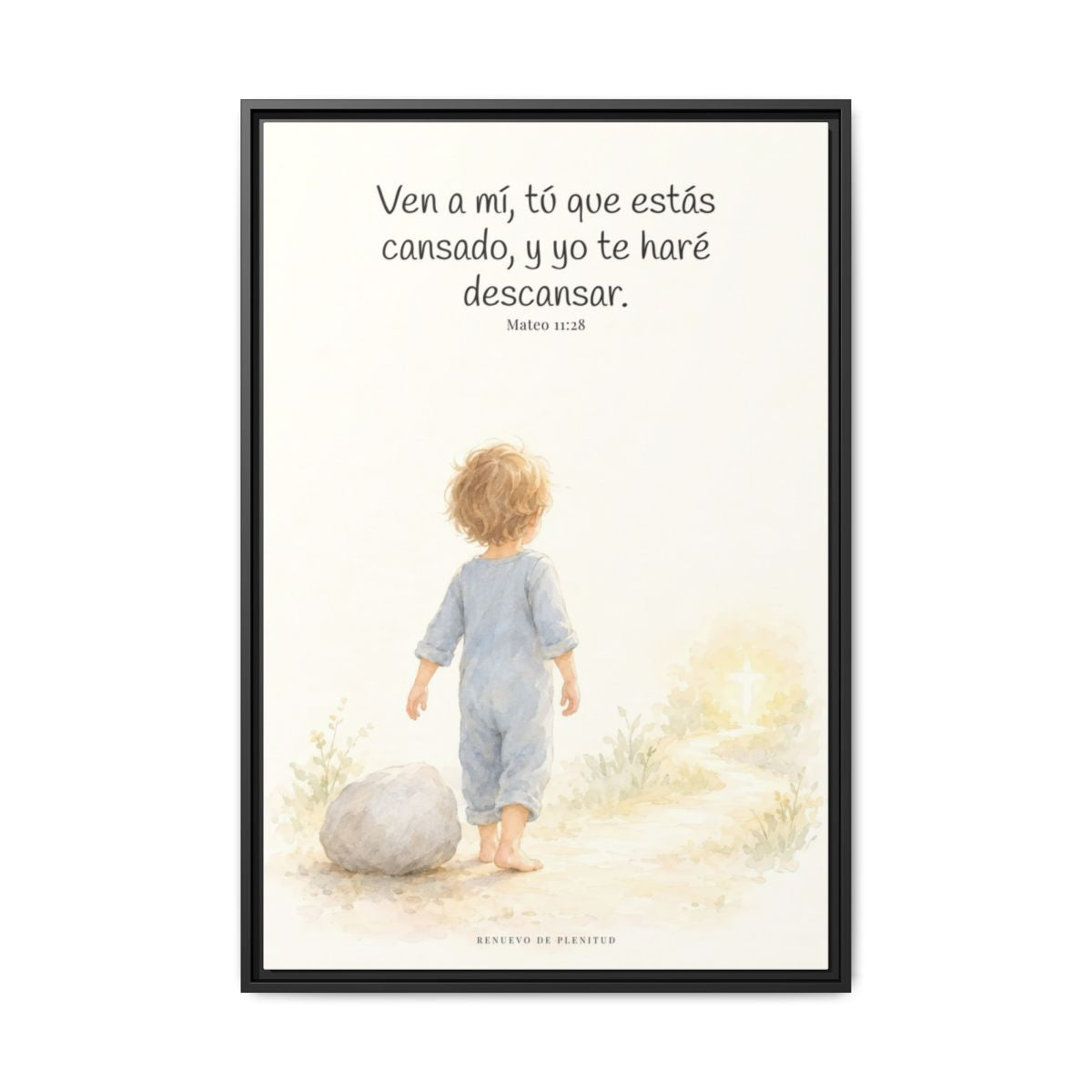 Ven a mí y yo te haré descansar — Lienzo Cristiano Enmarcado | Mateo 11:28 — 24×36 pulgadas, marco negro, vista frontal