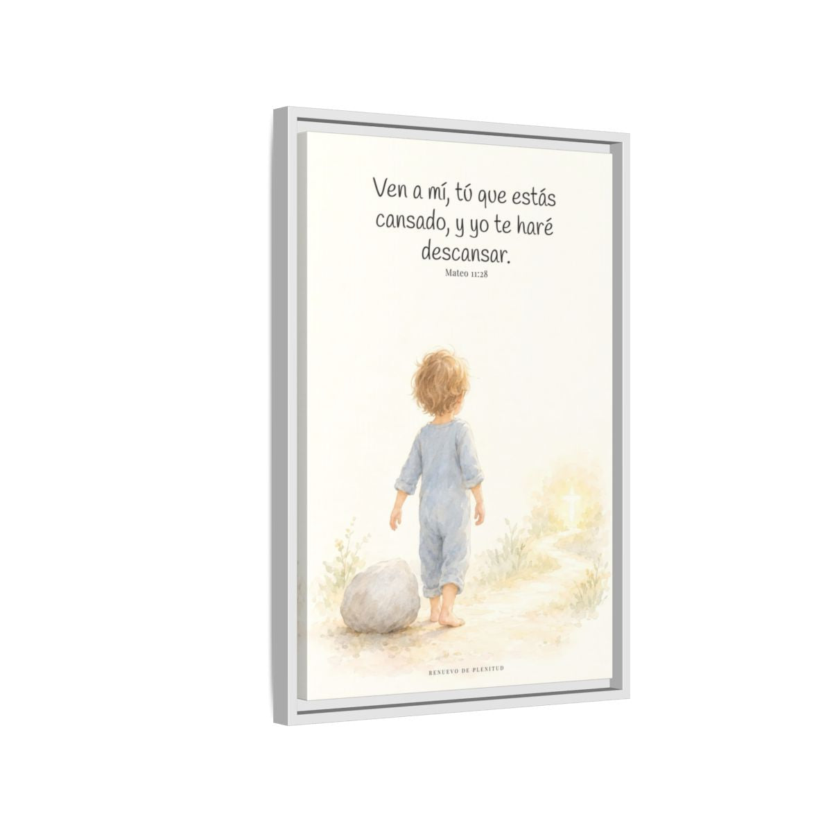 Ven a mí y yo te haré descansar — Lienzo Cristiano Enmarcado | Mateo 11:28 — 16×24 pulgadas, marco blanco, vista lateral del marco flotante