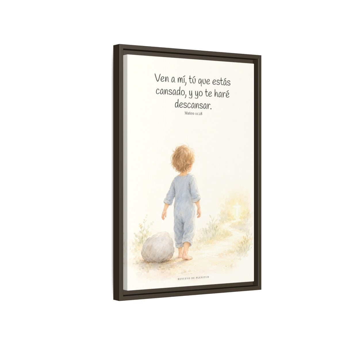 Ven a mí y yo te haré descansar — Lienzo Cristiano Enmarcado | Mateo 11:28 — 16×24 pulgadas, marco espresso, vista lateral del marco flotante