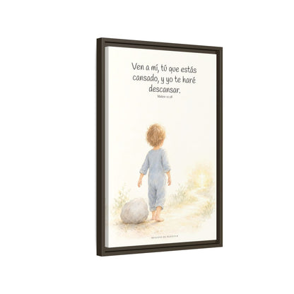 Ven a mí y yo te haré descansar — Lienzo Cristiano Enmarcado | Mateo 11:28 — 16×24 pulgadas, marco espresso, vista lateral del marco flotante