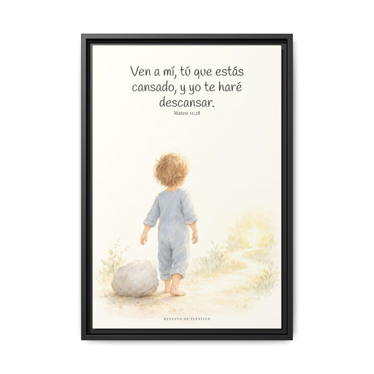 Ven a mí y yo te haré descansar — Lienzo Cristiano Enmarcado | Mateo 11:28 — 16×24 pulgadas, marco negro, vista frontal