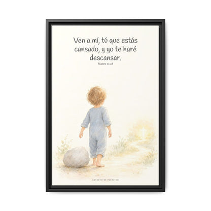 Ven a mí y yo te haré descansar — Lienzo Cristiano Enmarcado | Mateo 11:28 — 16×24 pulgadas, marco negro, vista frontal