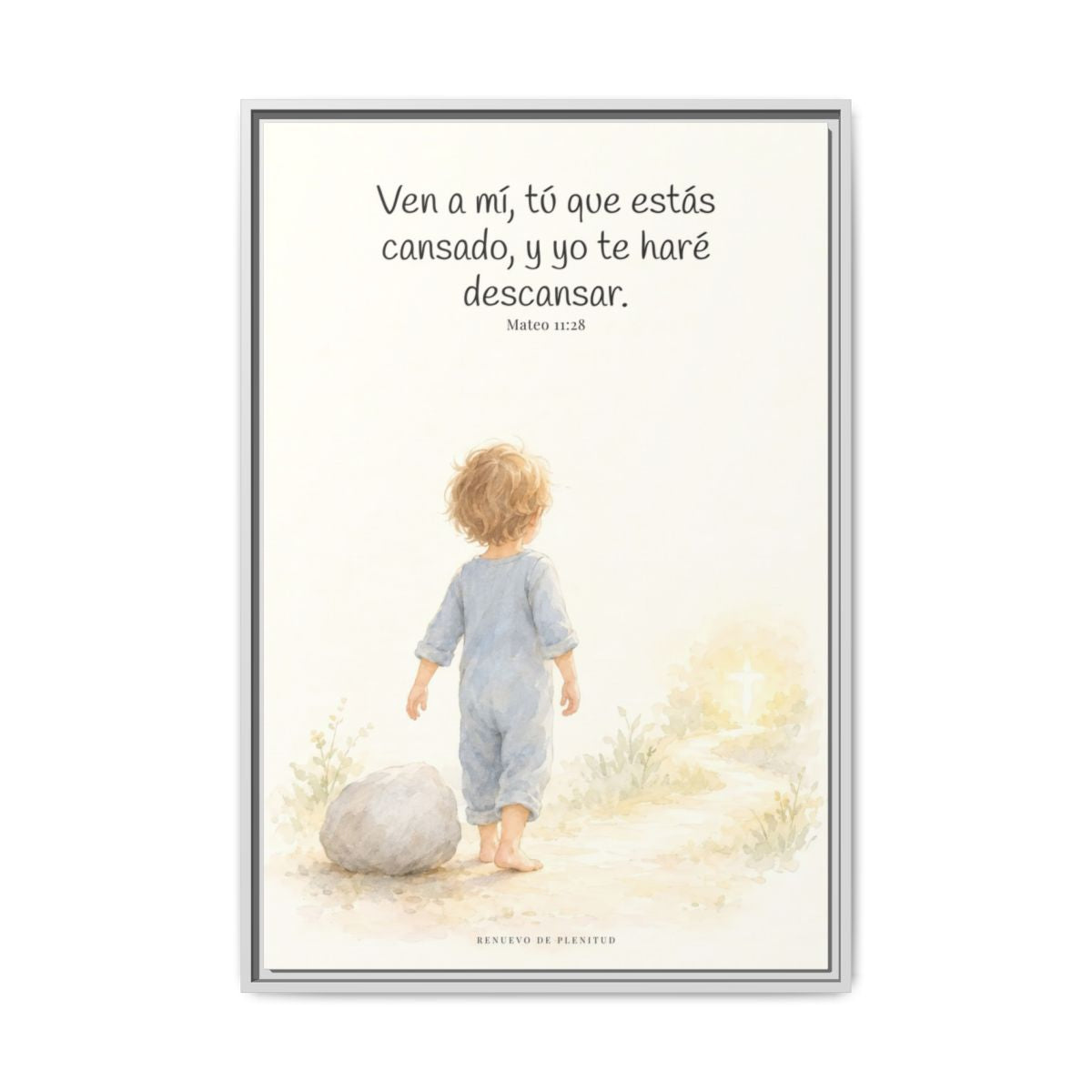 Ven a mí y yo te haré descansar — Lienzo Cristiano Enmarcado | Mateo 11:28 — 24×36 pulgadas, marco blanco, vista frontal